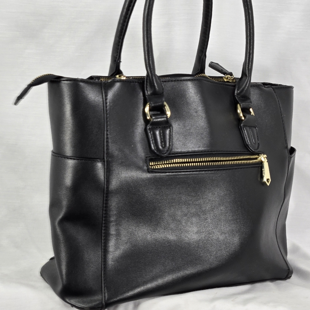 BCBG Satchel Handbag Black Leather with Double Handles Large Zip Closure Pockets